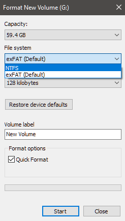 SDXC 장치 포맷시 FAT32는 목록에 나타나질 않는다.